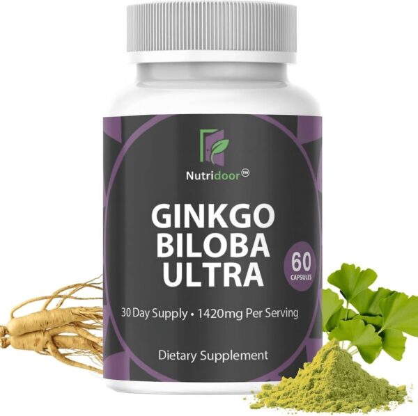 nutridoor ginkgo biloba ultra with red asian ginseng, ginkgo leaf extract & powder, 1420mg, 60 vegetarian capsules, memory & focus support supplement
