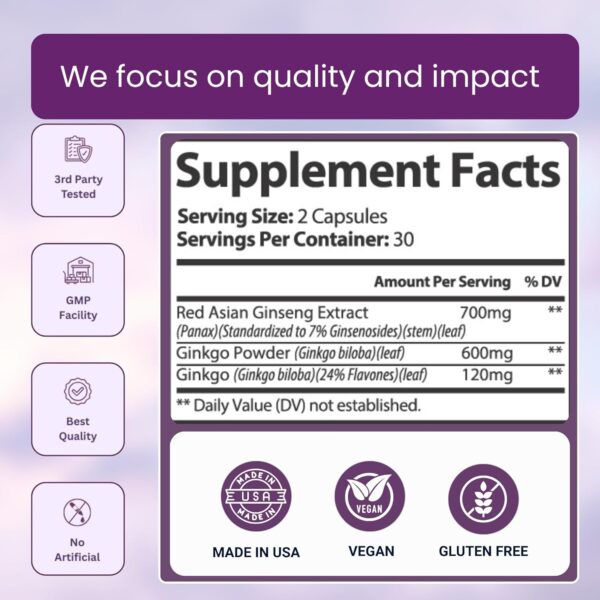 nutridoor ginkgo biloba ultra with red asian ginseng, ginkgo leaf extract & powder, 1420mg, 60 vegetarian capsules, memory & focus support supplement