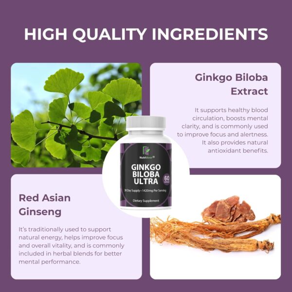 nutridoor ginkgo biloba ultra with red asian ginseng, ginkgo leaf extract & powder, 1420mg, 60 vegetarian capsules, memory & focus support supplement