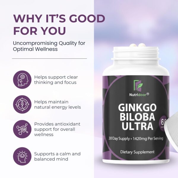 nutridoor ginkgo biloba ultra with red asian ginseng, ginkgo leaf extract & powder, 1420mg, 60 vegetarian capsules, memory & focus support supplement