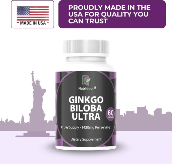 nutridoor ginkgo biloba ultra with red asian ginseng, ginkgo leaf extract & powder, 1420mg, 60 vegetarian capsules, memory & focus support supplement
