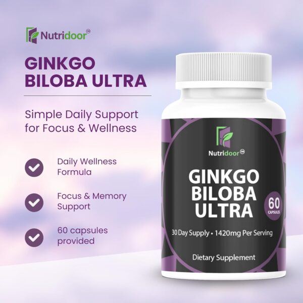 nutridoor ginkgo biloba ultra with red asian ginseng, ginkgo leaf extract & powder, 1420mg, 60 vegetarian capsules, memory & focus support supplement